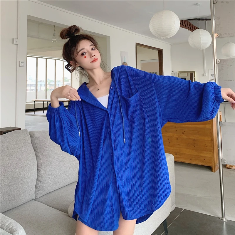 Women's Clothing Blue Sunscreen Shirt Outwear Single-breasted Slim Hooded Blouse Korean Fashion Vintage Leisure Coat Blouse Tops