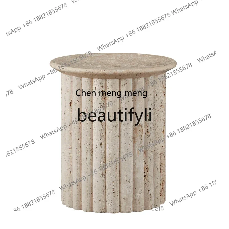 

P178 Nordic wabi-sabi creative round travertine small side table light luxury modern coffee table