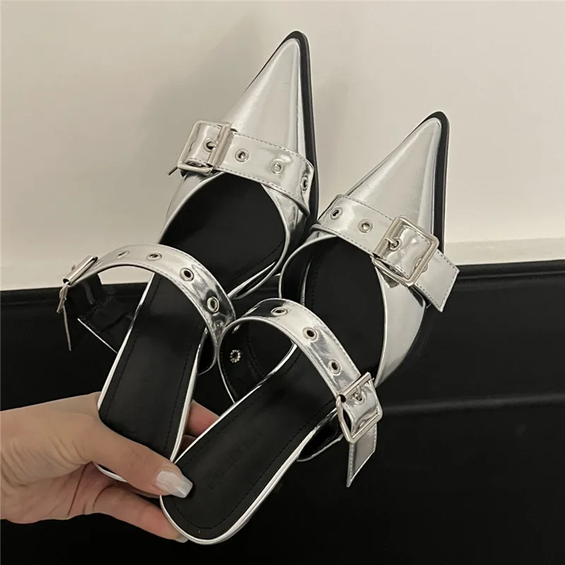 Punk Goth Metal Buckle High Heels Sandals Women Summer Pointed Toe Silver Party Shoes Woman Korean Style Thin Heels Sandals