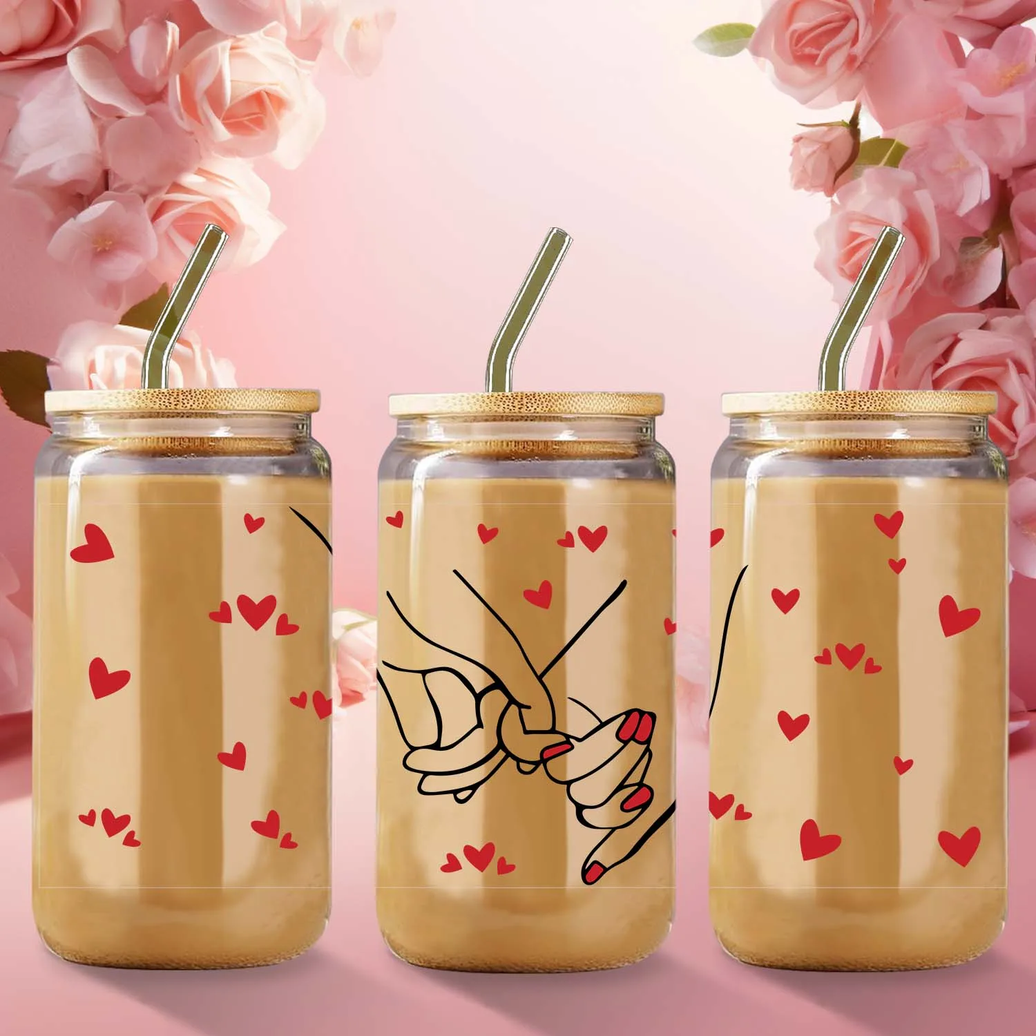 Holding Hands Pattern 3d Printed 16oz Glass Can Cup With Lid&Straw Coffee Glass Mug Juice Coffee Mug Valentine's Day Gifts
