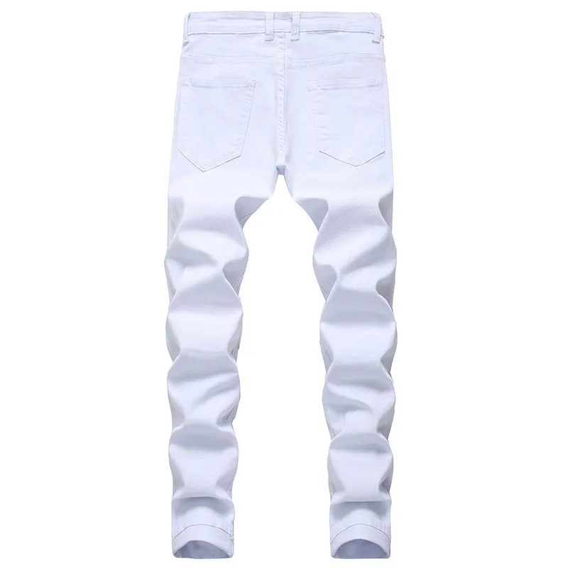 Men Ripped White Jeans Fashion Vintage wash Solid Slim Fit Denim Trousers Male Brand Advanced Stretch Pants