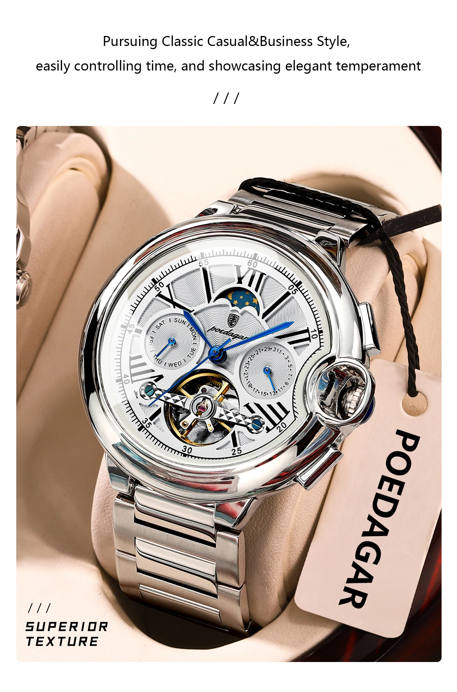 POEDAGAR Luxus Business Männliche Uhr Datum Woche Edelstahl Tourbillon Männer Uhr Wasserdichte Automatische Mechanische herren Uhren – Detail 5