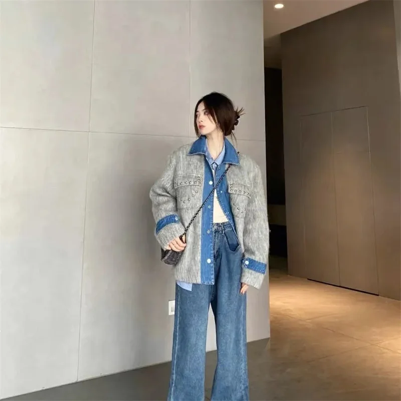 

Denim Patchwork Woolen Jacket For Women's Autumn 2023 New Loose Fitting Jacket Retro Versatile Fashion High-end Commuter Top