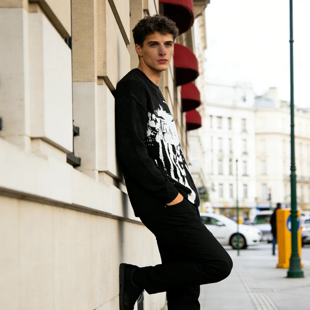 

Креативная зимняя повседневная толстовка в стиле панк с длинными рукавами и капюшоном, вязаный свитер с круглым вырезом для мужчин и женщин с принтом