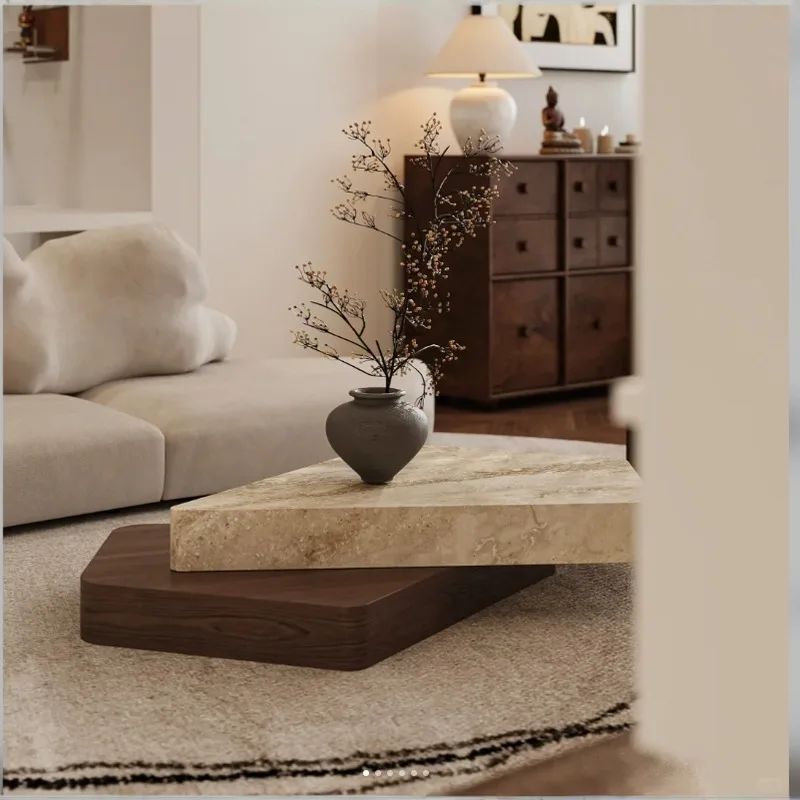 

Travertine coffee table modern household size apartment living room wabi sandy wind special-shaped marble tea table