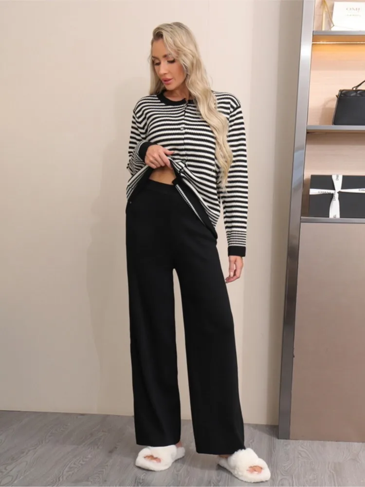 Knitted Autumn 2 Two Piece Set Women Striped Print Long Sleeve Modis Casual Ladies Blouses Wide Leg Korea Style Loose Woman Pant