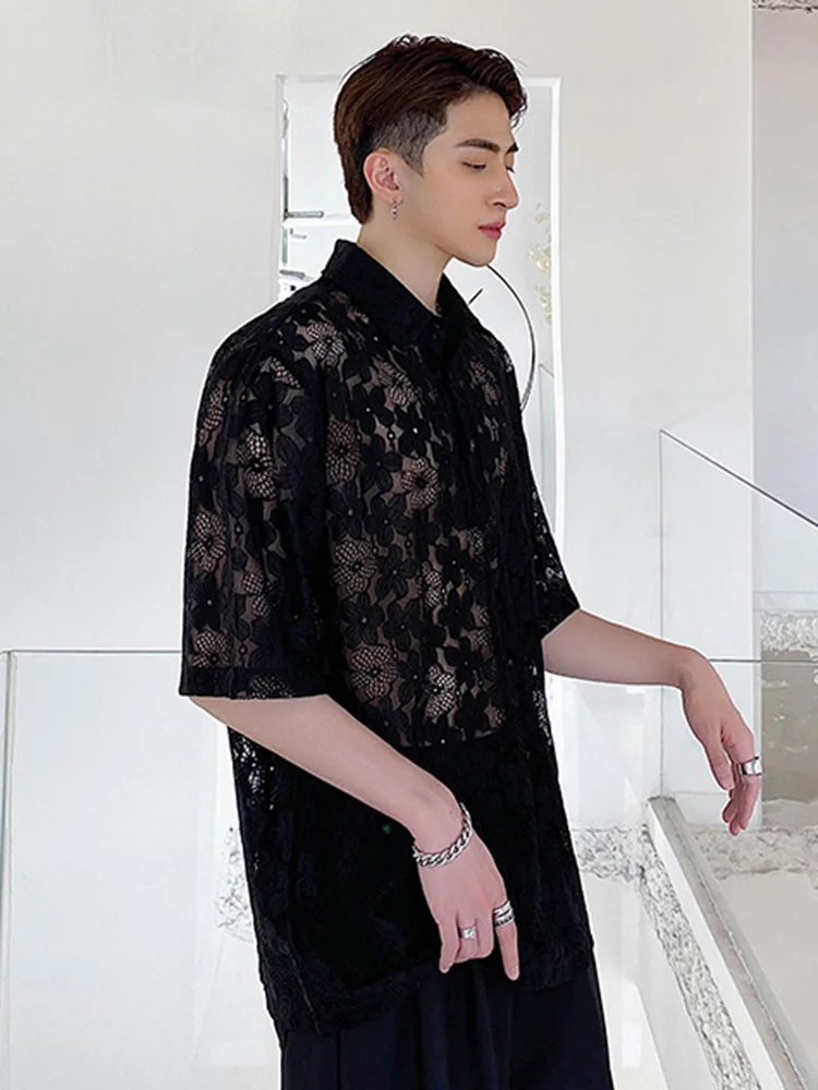 

Casual Men's Thin Section Shirt Niche Jacquard Lace Hollow Out Design Korean Style 2022 New Fashionable Short Sleeved Tops