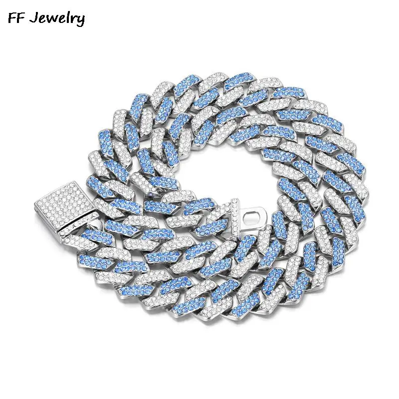 14mm Blue Cuban Link Chain For Men Silvery/Golden Iced Out Rhinestone Miami Necklace Choker For Women With Box Clasp Hip Hop