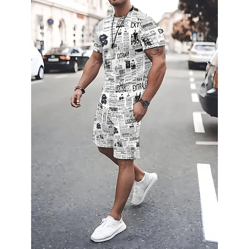 

2025 Men's 3D Printed T-shirt and Shorts Set, Casual Outdoor Activity Letter Printed Series