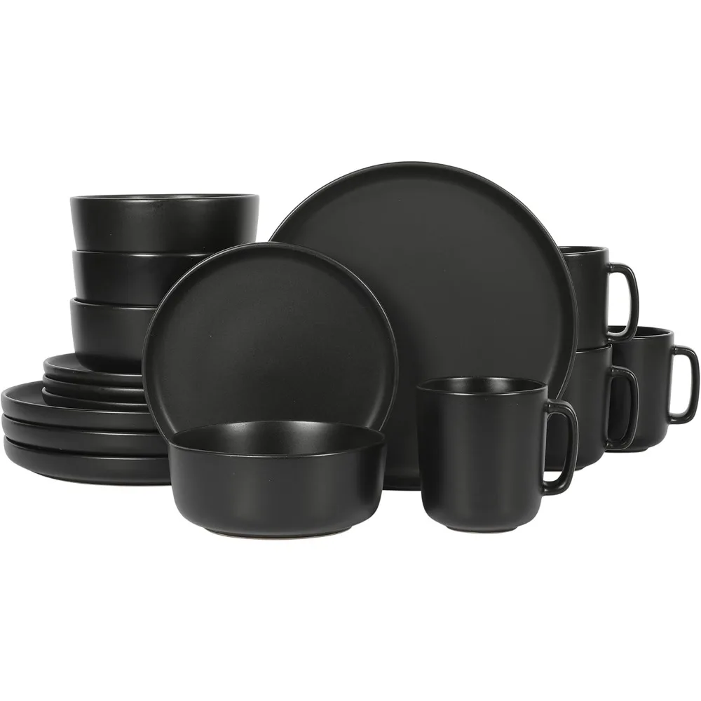 

zuma stoneware plates, bowls, & mugs dinnerware set - matte black, service for four (16pcs)