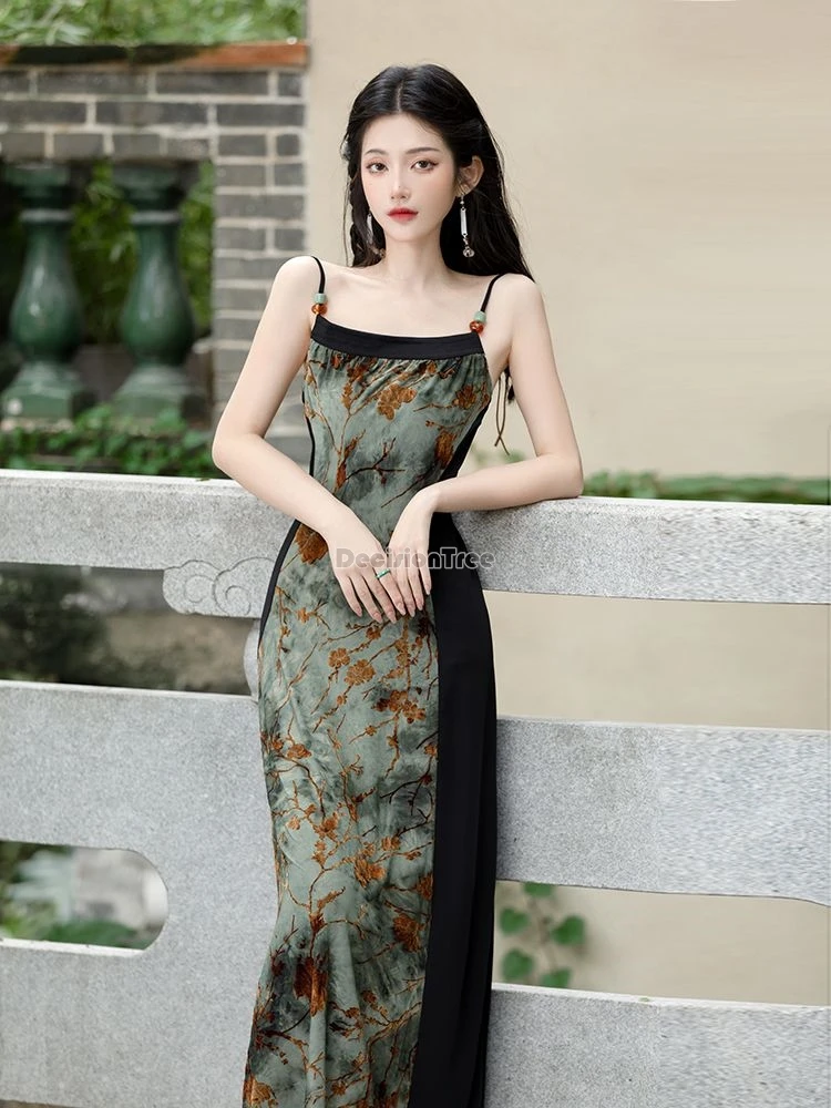 2024 chinese style vintage modern daily hanfu set ink tie-dye slim temperament split suspended dress elegant versatile cardigan