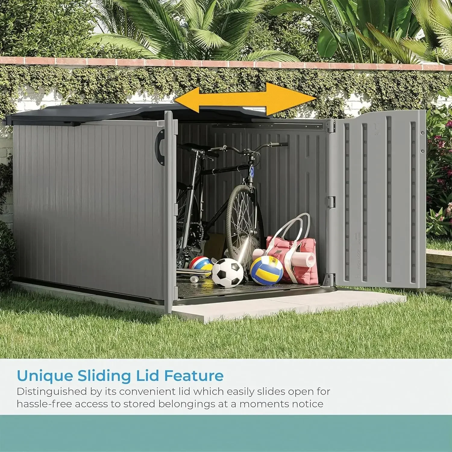 Suncast Glidetop Horizontal Outdoor Storage Shed with Pad-Lockable Sliding Lid and Doors, All-Weather Shed for Yard Storage,