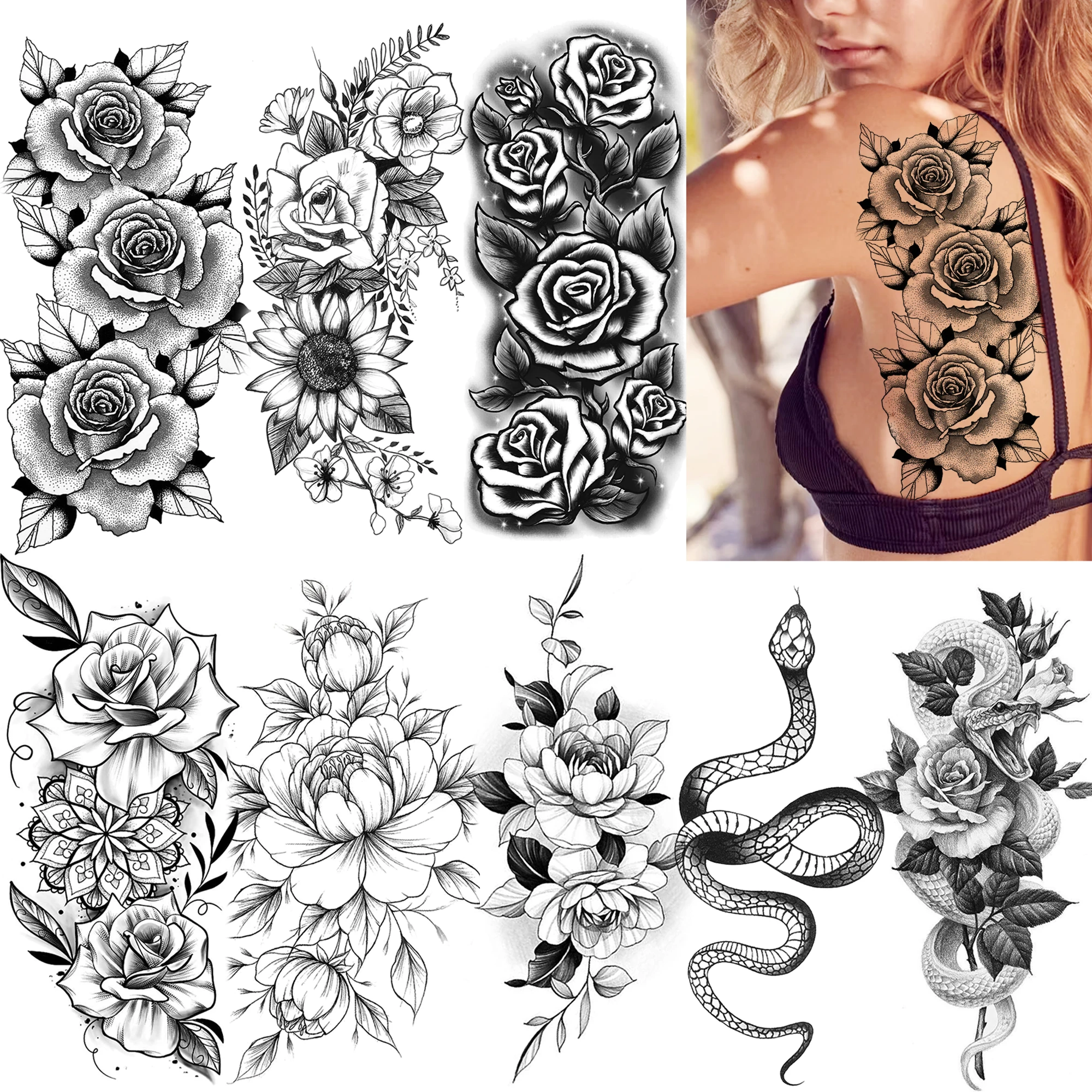 

1 Sheet Black 3D Flower Temporary Tattoos For Women Girls Arm Adults Rose Snake Tattoo Sticker Transferable Body Art Drawing