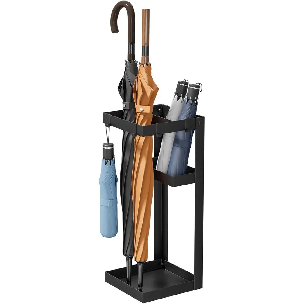 

Umbrella Stand, Steel Umbrella Holder Rack with Small Shel, or Entryway, Oice, 4 Hooks, Black