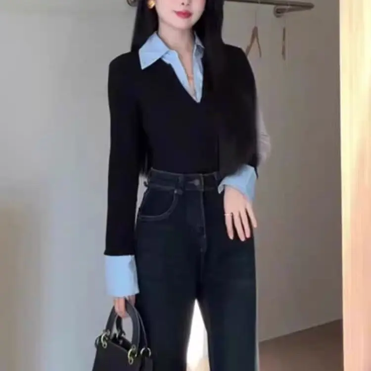 

Slim Fit Ne Long Sve irt, женский ранняя весна, новый цветной Blo, двухсекционный иллюзорный моющийся топ