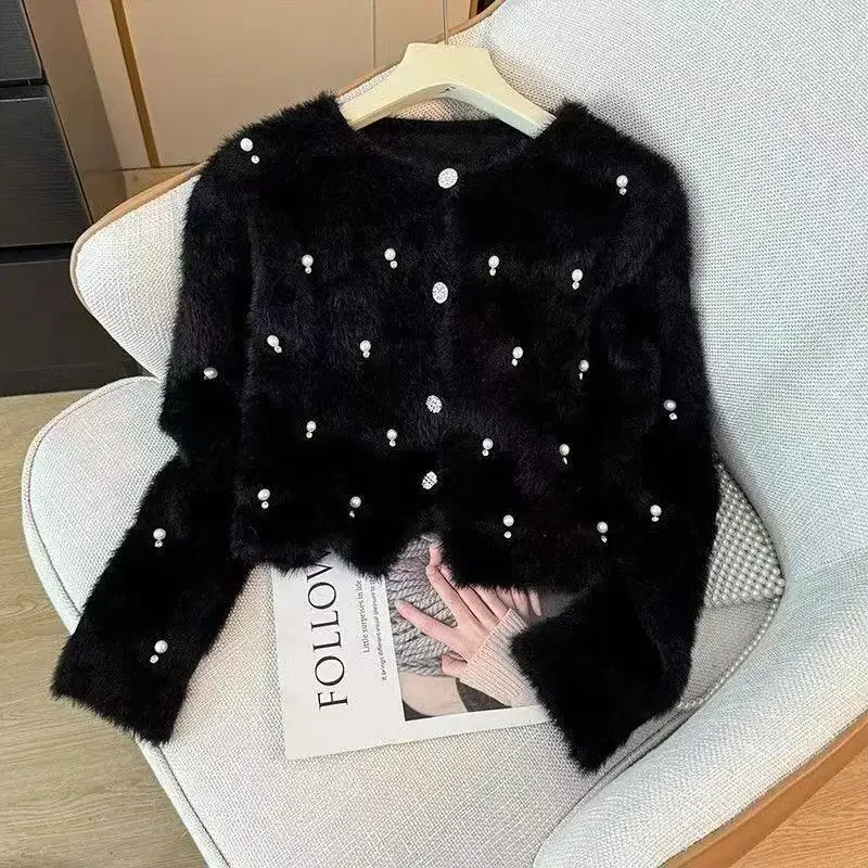 Elegant Korean Fashion Cardigan Imitation Mink Velvet Sweater Women Autumn Winter Bead Short Coats New O Neck Sweet Loose Jacket