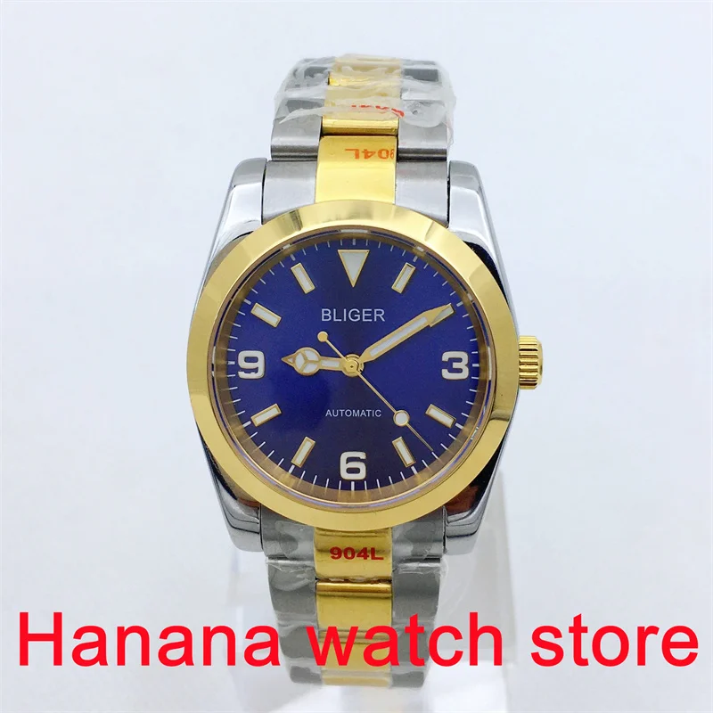 

BLIGER 36, 39 мм, золотые мужские механические часы для дайвинга NH35A PT5000, механизм 369, синий циферблат, позолоченный светящийся индекс, сапфировое стекло