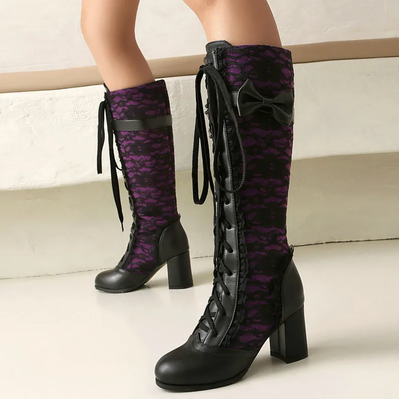 Vintage Women Knee High Boots Lace Splicing Cute Bow Chunky High Heel Front Lace Up Over The Knee Long Boots