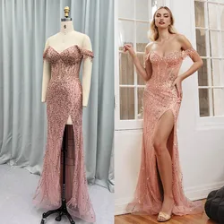 YQLNNE Luxury Rose Gold Off Shoulder Long Prom Dresses High Slit Fitted Sequin Pearls Formal Gown