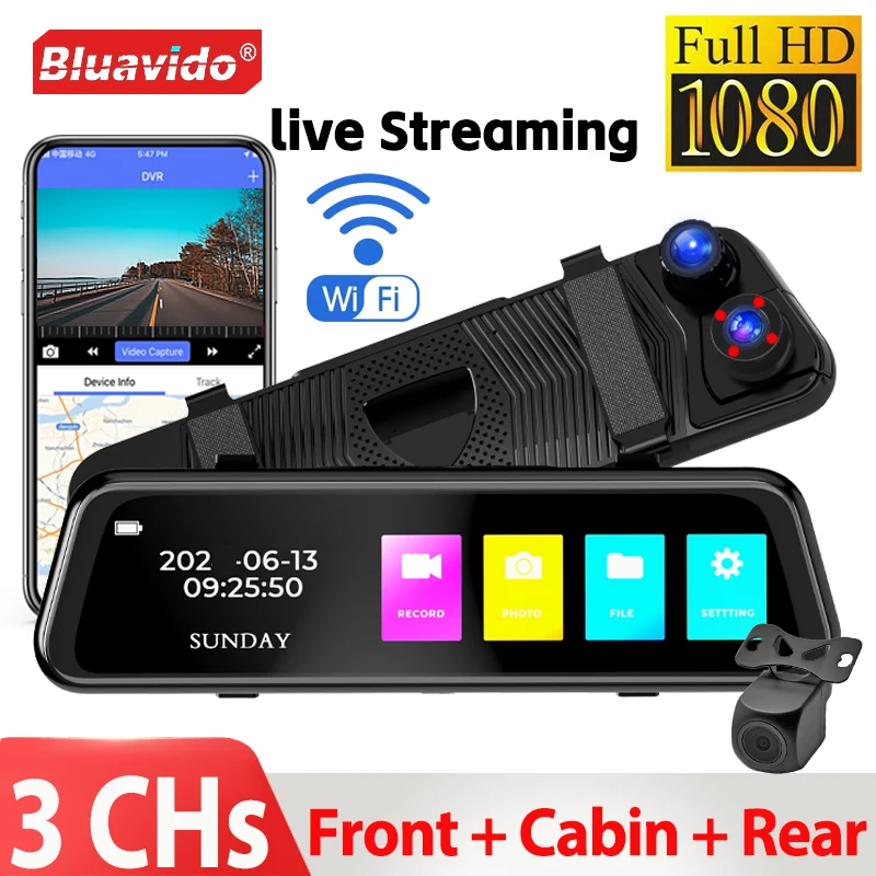 

9.66" IPS Triple-Channel Car DVR with WiFi 1080P Front +Dual 720P Back Cameras Night Vision Parking Monitor G-Sensor APP Control