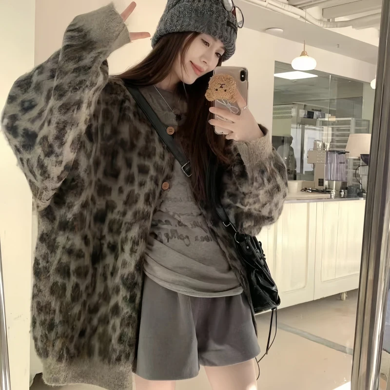 Harajuku Leopard Print Knitted Cardigan Women Oversized Sweater Outerwear Vintage Long Sleeve Knitwear Winter Casual Jumpers New