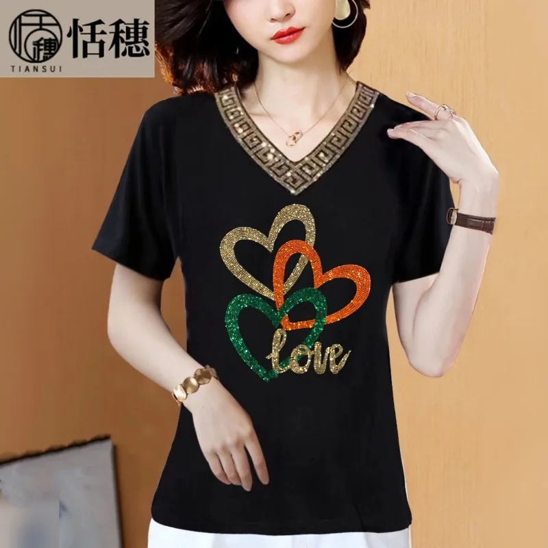 Femmes été col en v à manches courtes mode diamants apparaissent mince T-Shirt dames tempérament élégant tout-match bureau montre de sport