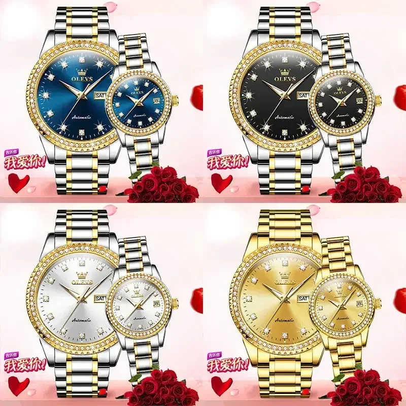 OLEVS Couple Watches Luxury Stainless Steel Diamond Dial Waterproof HD Luminous Automatic Mechanical Elegant Wristwatch Gift Box