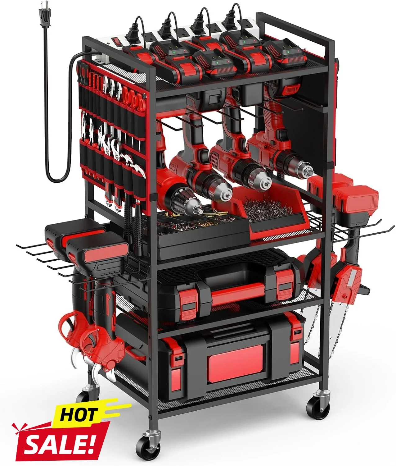 

Garage Large Power Tool Organizer Cart with 20A Charing Station, Heavy Duty Drill and Tools Battery Holder Storage Rack