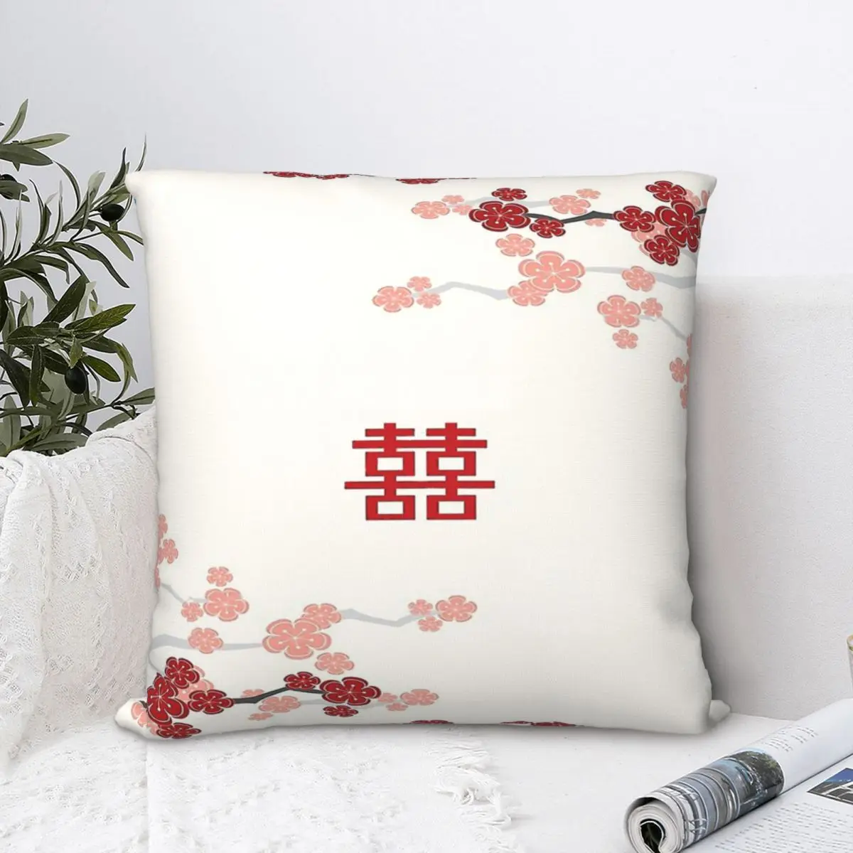 Red Oriental Cherry Blossoms On Ivory And Wedding Throw Pillow Case Backpack Hugpillow Case DIY Printed Fashion For Chair Decor