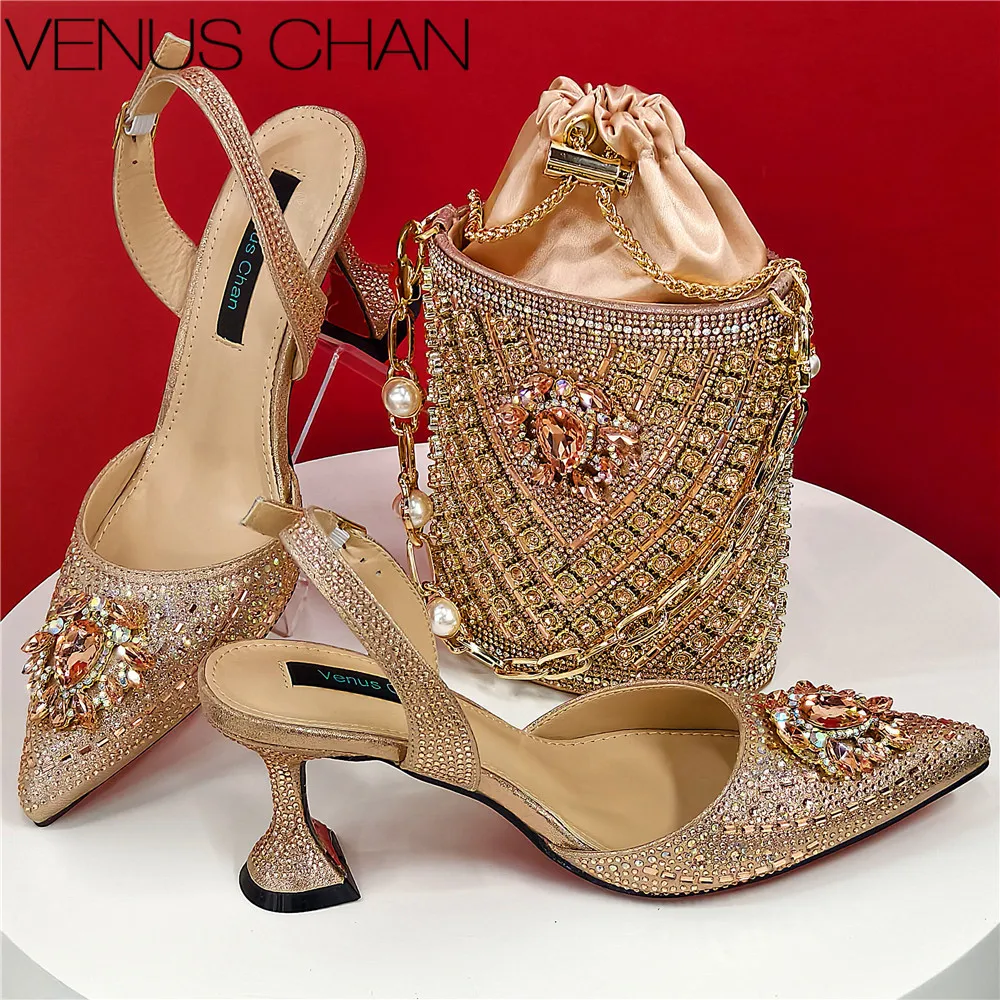 

New Italian Design Faux Champagne Texture Shoes And Bags Rhinestones Embellished Pointed Toe High Heels Fine Handbags