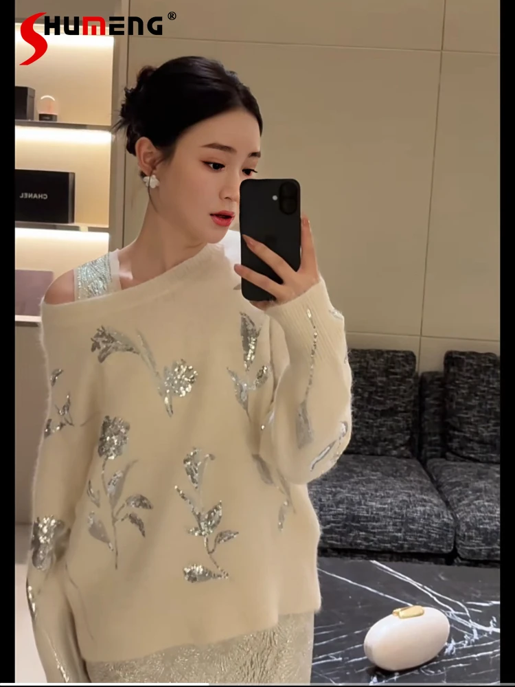 

2024 Autumn Winter Women's New Handmade Beaded Floral Knitwears High-end Sweater Loose Comfort Pullover Long-sleeve Knitted Tops