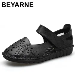 BEYARNE Genuine Leather Breathable Soft Flat Retro Summer Women Shoes Woman Moccasins Buckle Strap Ladies Sandals Luxury