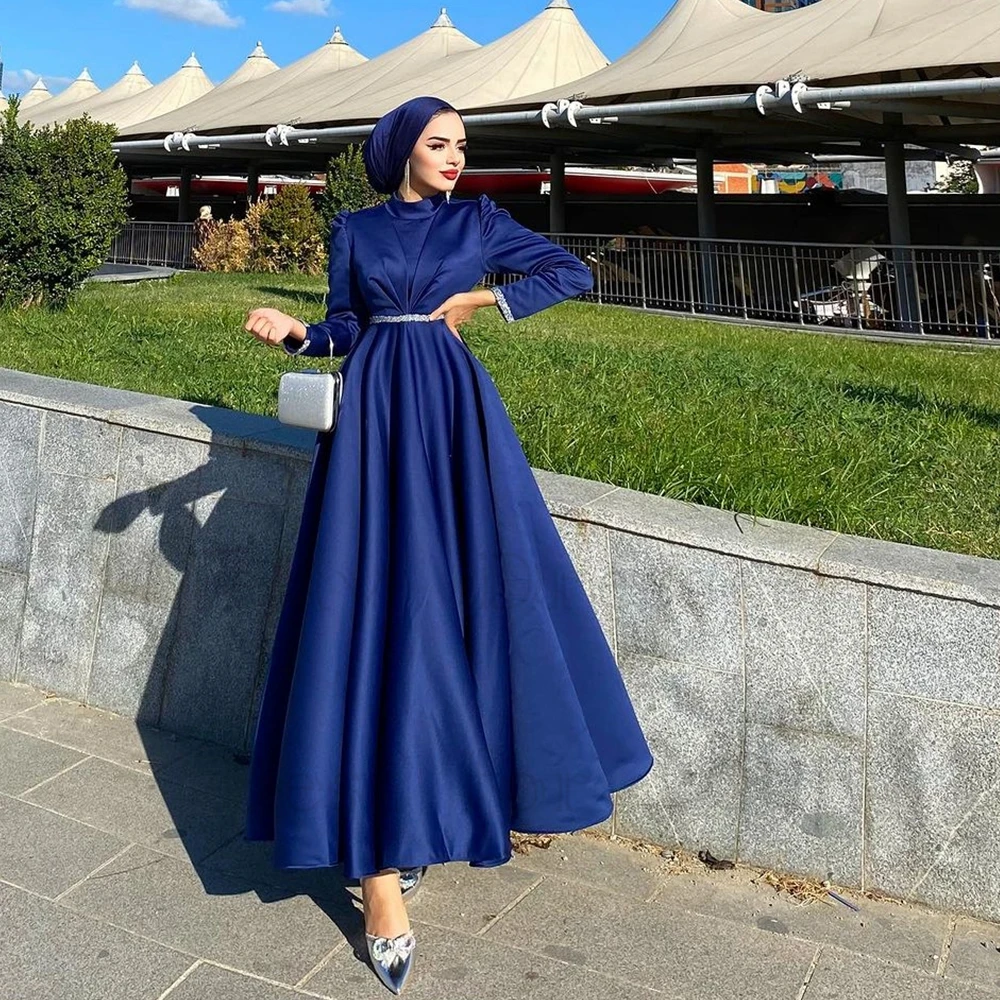 Customized Blue Muslin Evening Dresses Full Sleeve Ankle Length Prom Gowns with Belt 2024 Summer New Summer Robe De Soirée 2025