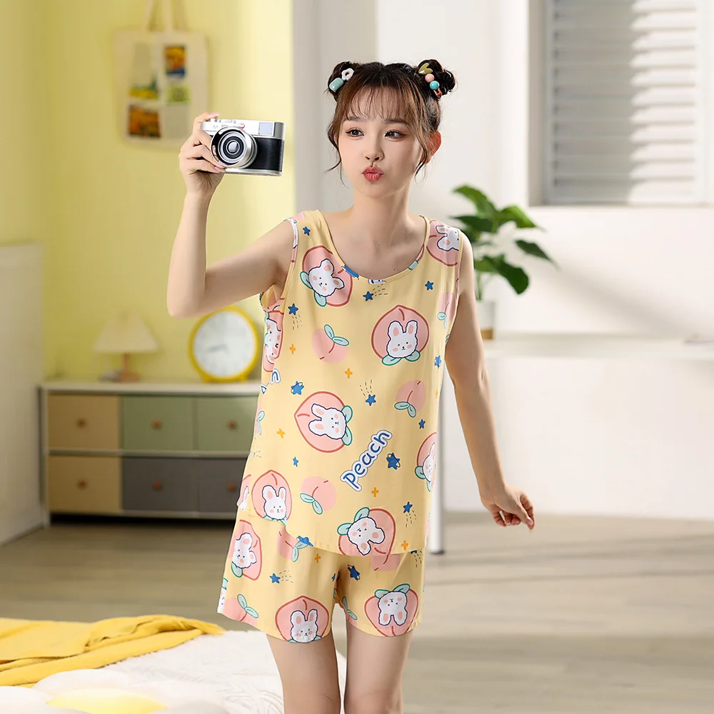 Cotton Sleepwear Sleeveless Shorts Pajama Sets Women Pajamas Summer Nightwear Kawaii Clothes Loungewear Sets Thin Night Clothes