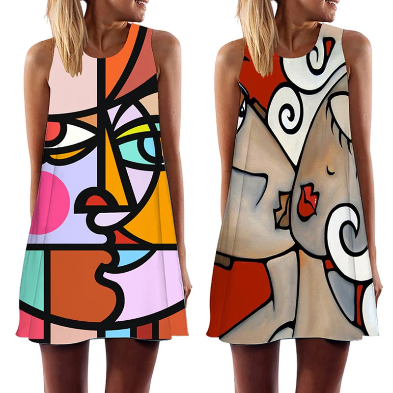 2023 Summer Women Vest Dress Sleeveless Abstract Face Art Printed O-Neck Mini Dresses for Female Casual Sweet A-Line Vestidos