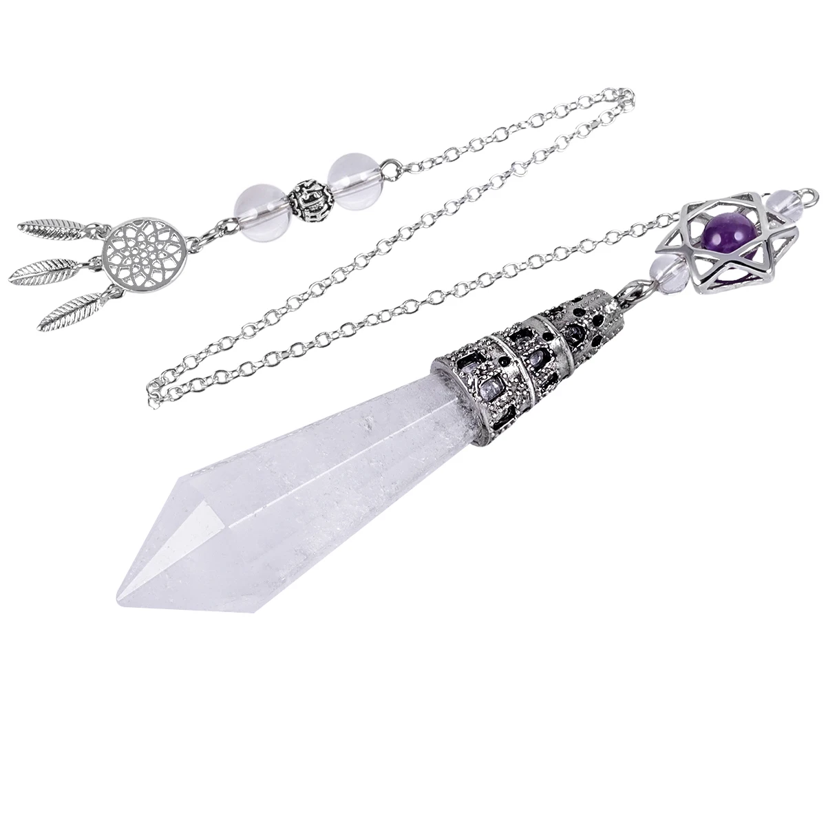 Faceted Crystal Point Stone Pendant Pendulum With Merkaba Star and Dream Catcher For Divination Meditation Chakra Balancing