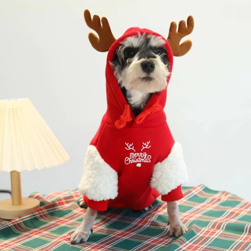 

Pet Clothes For Small To Medium-sized Dogs Casual and Warm Fleece-lined Christmas Reindeer Cat Hoodie Teddy Dog Hoodie
