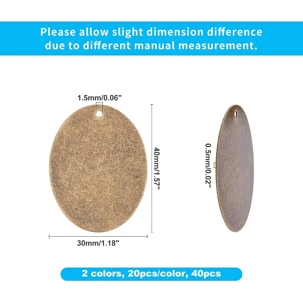 40pcs 2 Colors Brass Blank Stamping Tag Pendants Oval Metal Stamps Tags for Earring Bracelet Pendant Jewelry Necklace kit