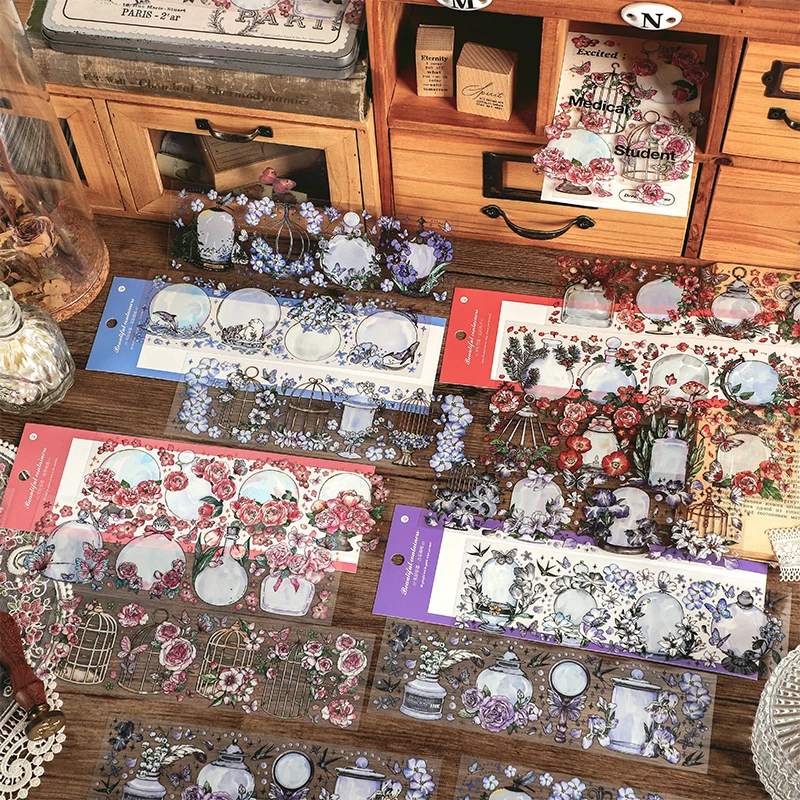 6Pcs/lot Retro Unique Floral Bottle Stickers Thin Translucent Material Strong Layering Journal Decor Essential