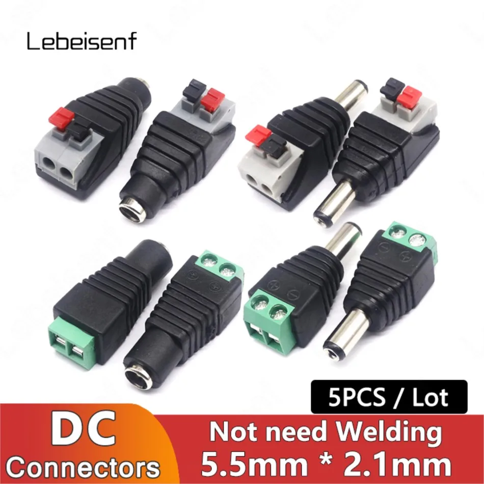 5PCS DC 5521 Welding-free Connector 5V 12V 24V 48V Wire to Male Female DC Port Studs Press for LED Strip Driver Controller CCTV