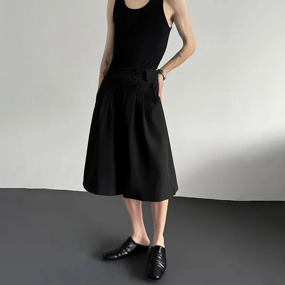 Mens Dark Black Thin Side Button Suit Shorts Summer Outdoor Daily Versatile Simple Plain Wide Leg Five Point Pants 2026 New