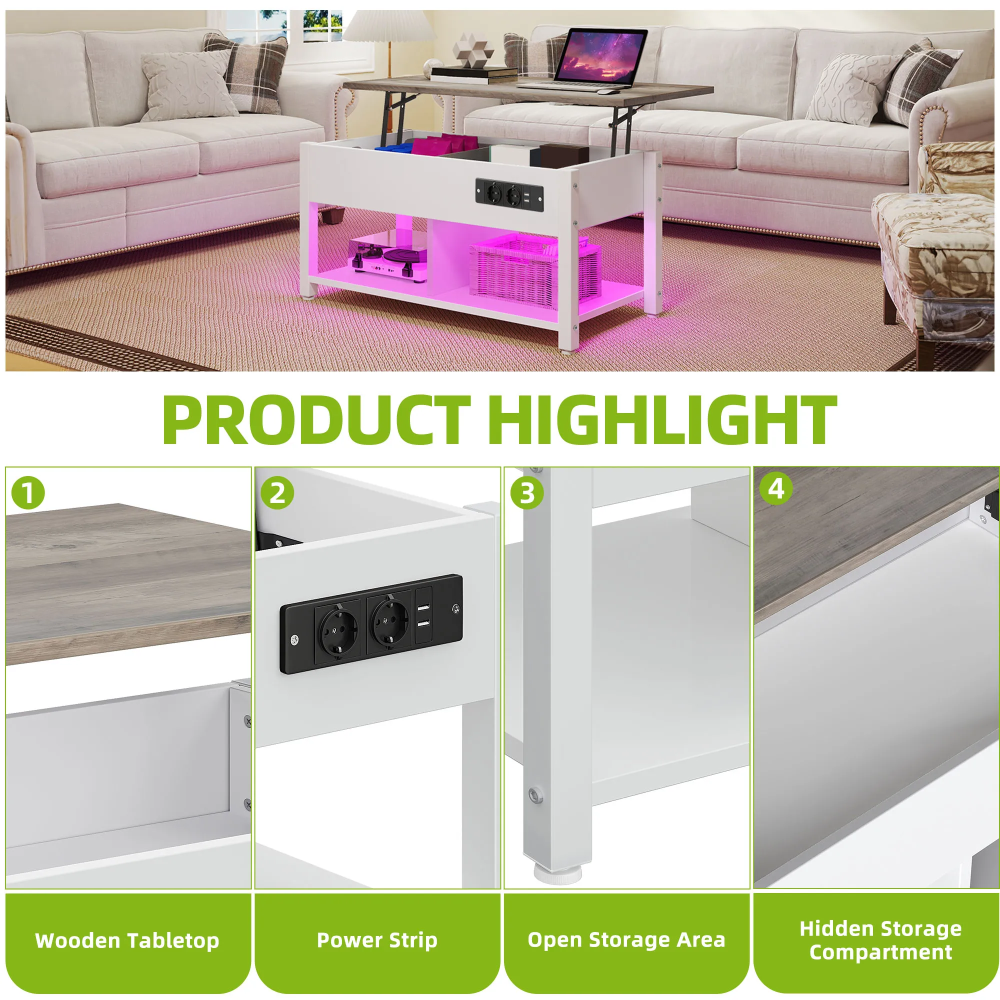 YITAHOME White/Grey Lift Table - Adjustable Height with 2 Storage Levels & Hidden LED Compartment