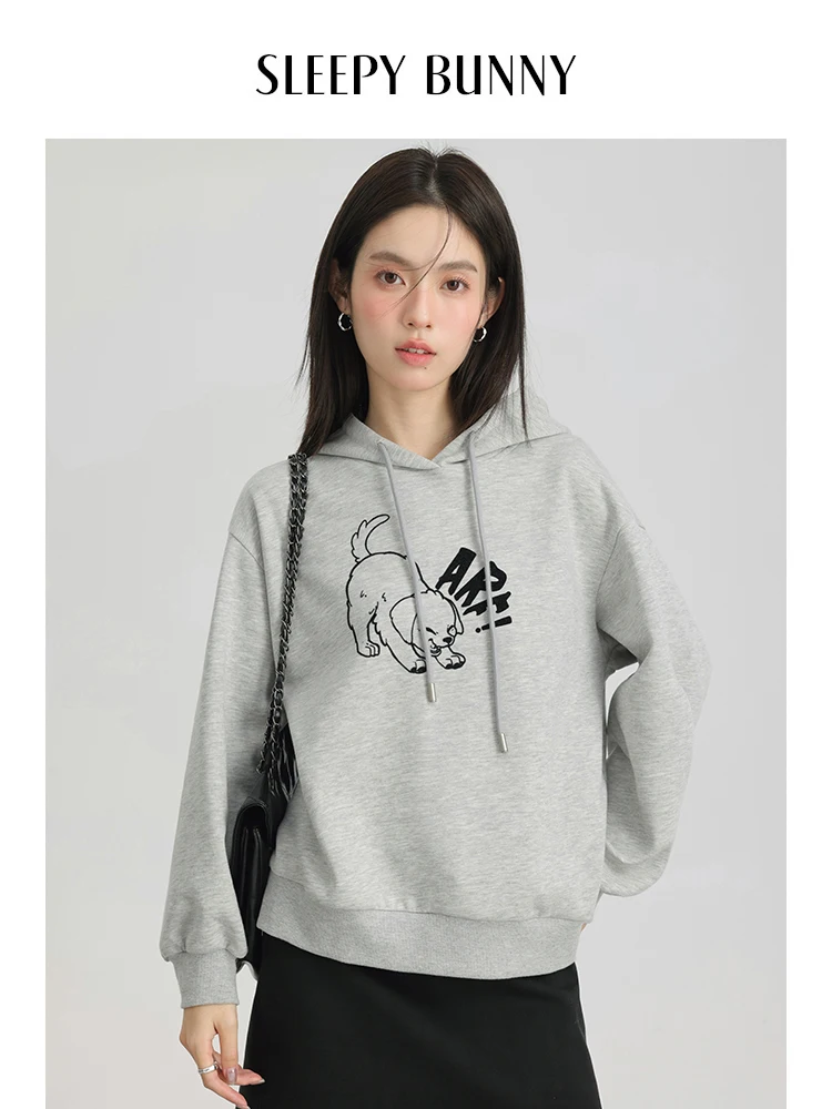 

Women Grey Graphic Print Crewneck Sweatshirt 2025 Spring Pullover Loose Fit Casual Top with Drop Shoulders and Fun Dog Design