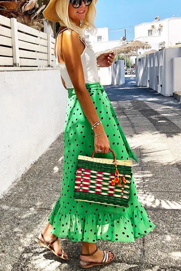 SKMY 2024 Summer Ruffle Irregular Maxi Skirt Strap Streetwear Fashion Green Pokal Dot Print Long Skirt Clothes For Women