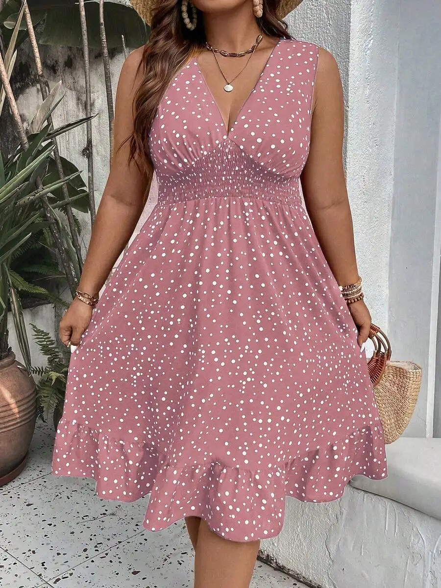 

Plus Size V-Neck Sleeveless Polka Dot Boho Summer Dress Women
