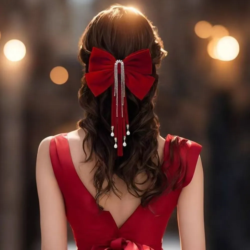 

Elegant Red Hair Clip Velvet Premium Feel Grasping Clip Temperament Bow Oversized Hair Accessory At The Back of The Head
