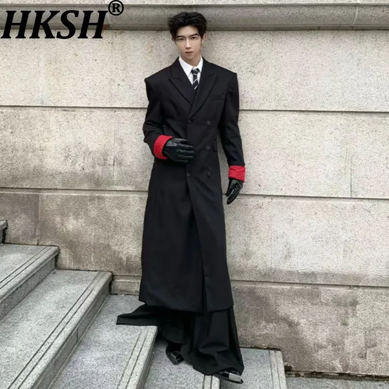 

HKSH Spring Autumn Winter New Men Tide Punk Dark Trench Color-Block Jacket Padded Shoulder Coats Blazer Wool Windbreaker HK18171
