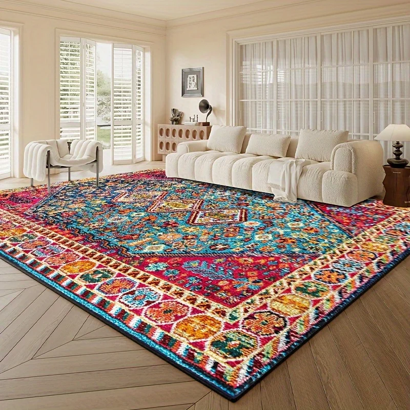 

Ковер в богемном стиле с розово-красным узором, симметричный центральный рисунок, машинная стирка, для прихожей, гостиной, спальни, улицы