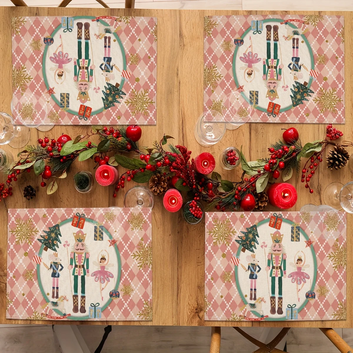 Christmas Decorative Nutcracker Soldier Ballet Snowflake Placemats, Home Holiday Party Insulated Table Mats Fabric Kitchen Mat