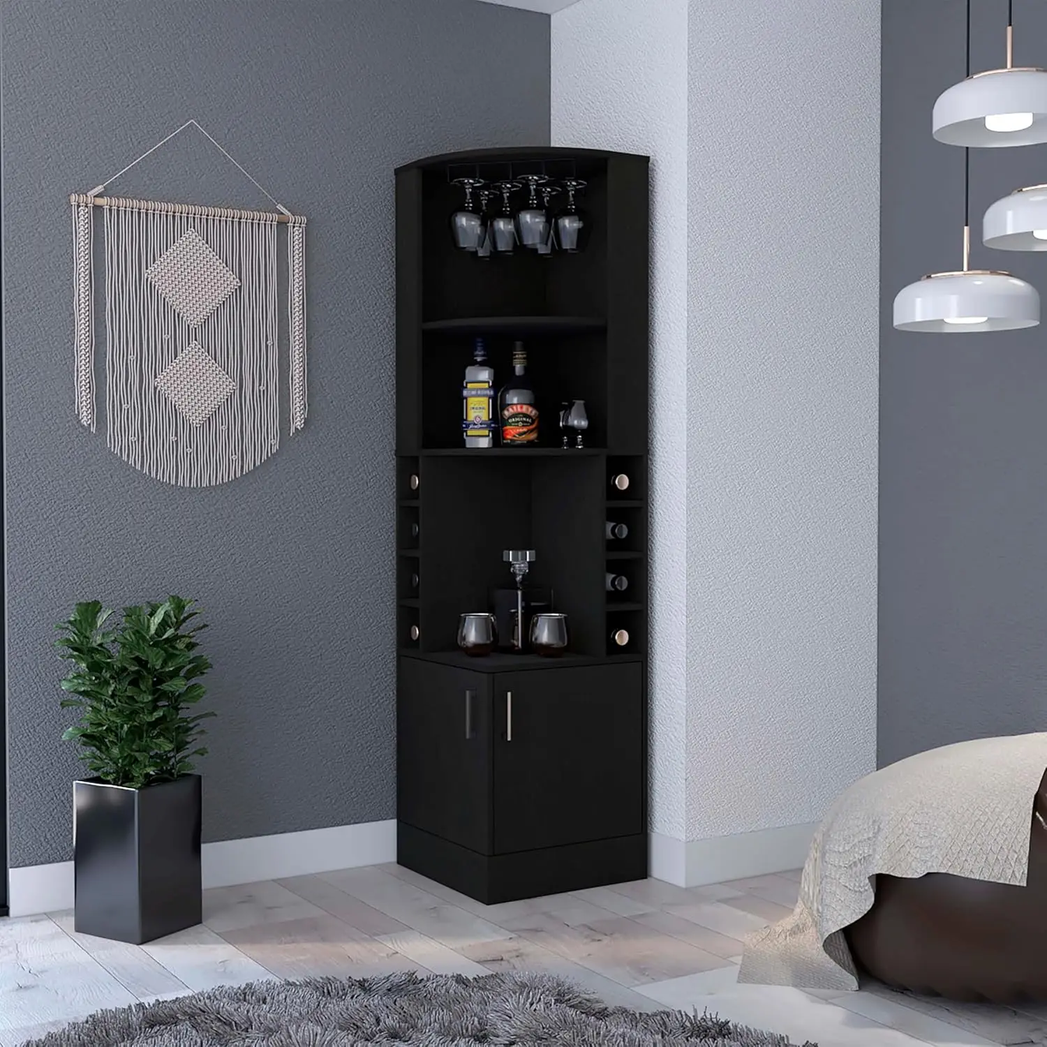 71" Tall Corner Bar Cabinet with Shelves Doors Built-in Wine Rack for Small Space Black, Customized